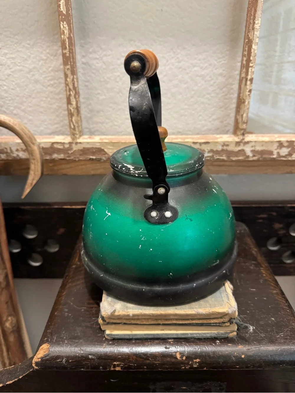 Green Vintage Tea Kettle with Wooden Handle